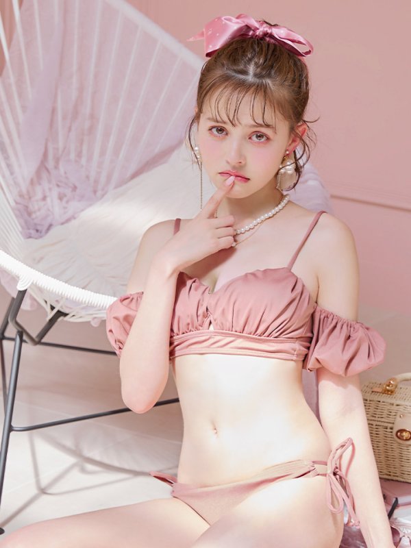 画像11: 【即日発送】【ビキニ】【水着】くしゅっとオフショル袖シンプルビキニ 2点セット[YMT]