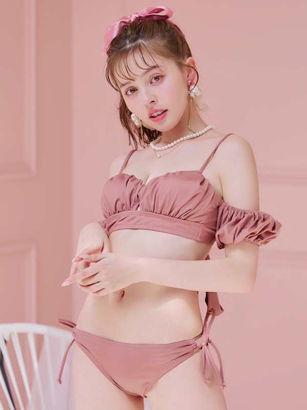 画像12: 【即日発送】【ビキニ】【水着】くしゅっとオフショル袖シンプルビキニ 2点セット[YMT]