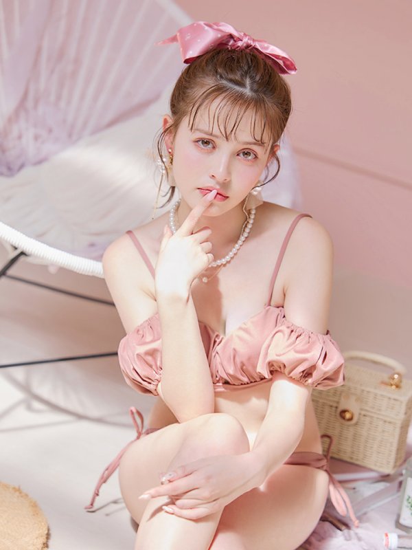 画像7: 【即日発送】【ビキニ】【水着】くしゅっとオフショル袖シンプルビキニ 2点セット[YMT]