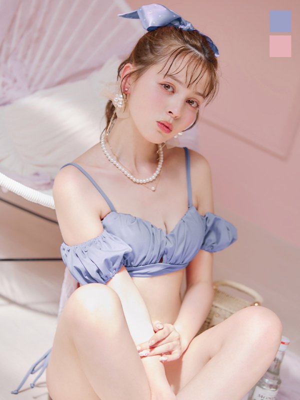 画像2: 【即日発送！】【ビキニ】【水着】くしゅっとオフショル袖シンプルビキニ 2点セット[YMT]