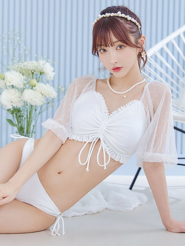 画像1: 【即日発送！】【ビキニ】【水着】ドットチュール袖バストフリルビキニ 3点セット[YMT]