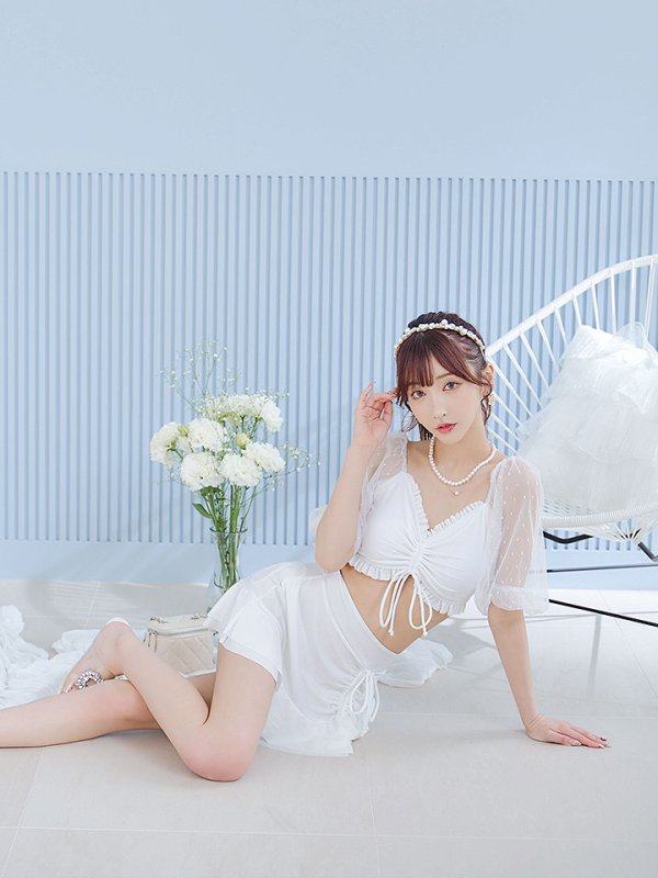 画像11: 【即日発送！】【ビキニ】【水着】ドットチュール袖バストフリルビキニ 3点セット[YMT]