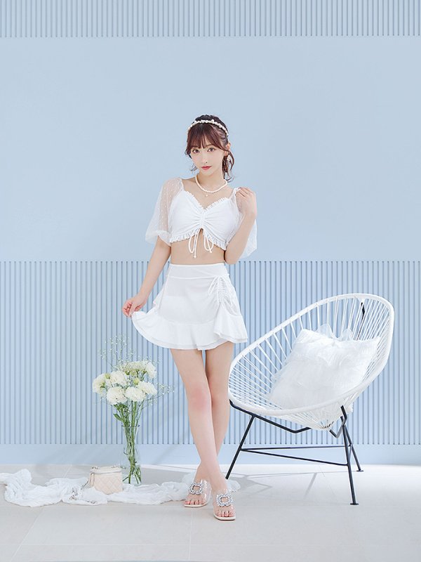 画像14: 【即日発送！】【ビキニ】【水着】ドットチュール袖バストフリルビキニ 3点セット[YMT]