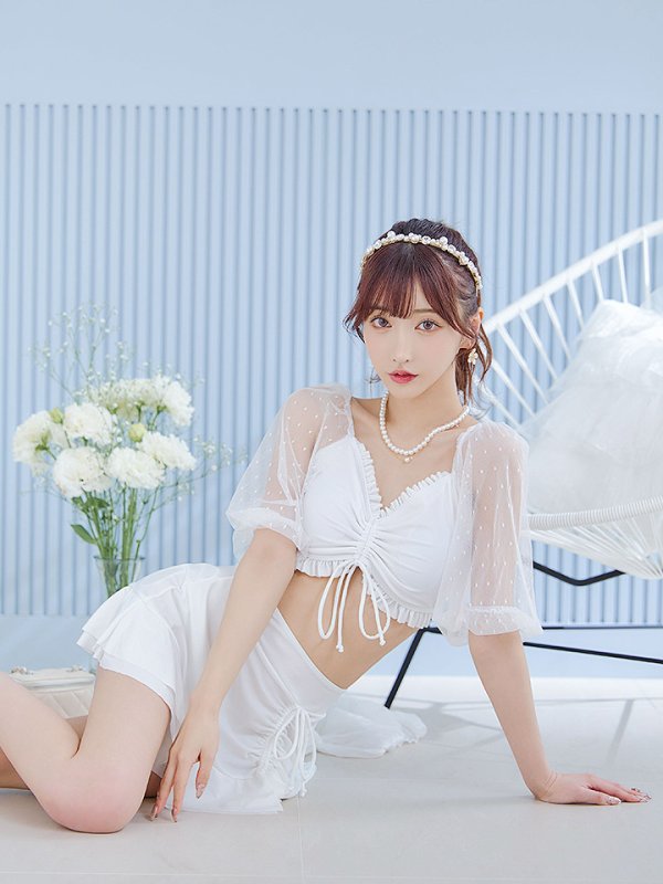 画像15: 【即日発送！】【ビキニ】【水着】ドットチュール袖バストフリルビキニ 3点セット[YMT]