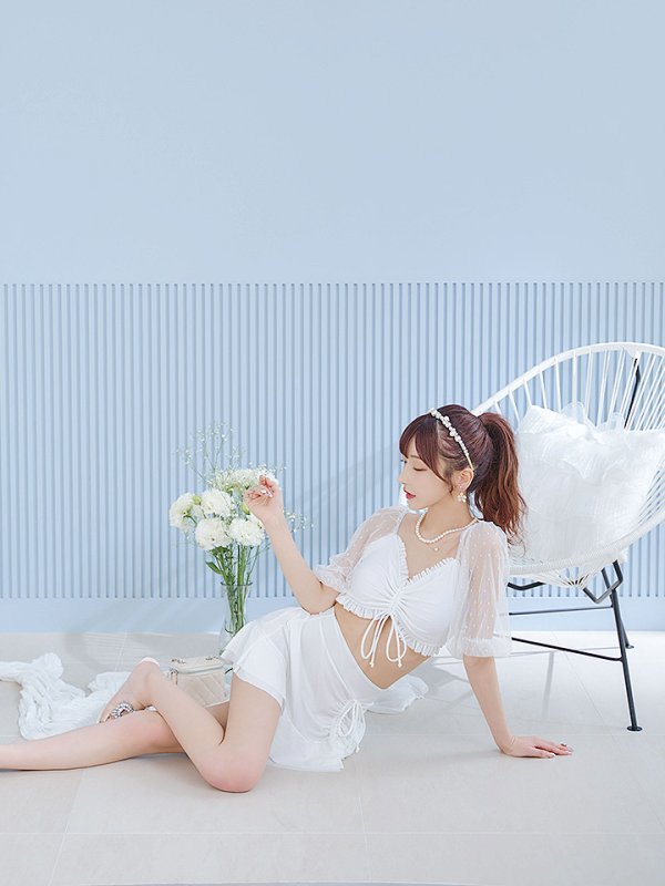 画像16: 【即日発送！】【ビキニ】【水着】ドットチュール袖バストフリルビキニ 3点セット[YMT]