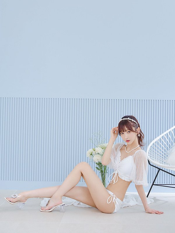 画像5: 【即日発送！】【ビキニ】【水着】ドットチュール袖バストフリルビキニ 3点セット[YMT]