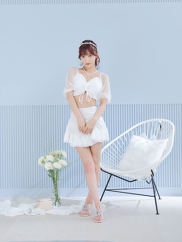 画像8: 【即日発送！】【ビキニ】【水着】ドットチュール袖バストフリルビキニ 3点セット[YMT]