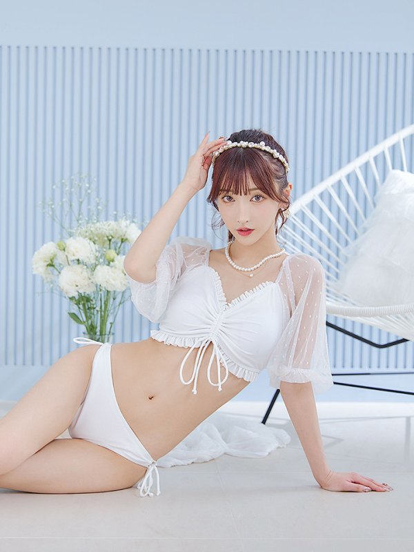 画像9: 【即日発送！】【ビキニ】【水着】ドットチュール袖バストフリルビキニ 3点セット[YMT]