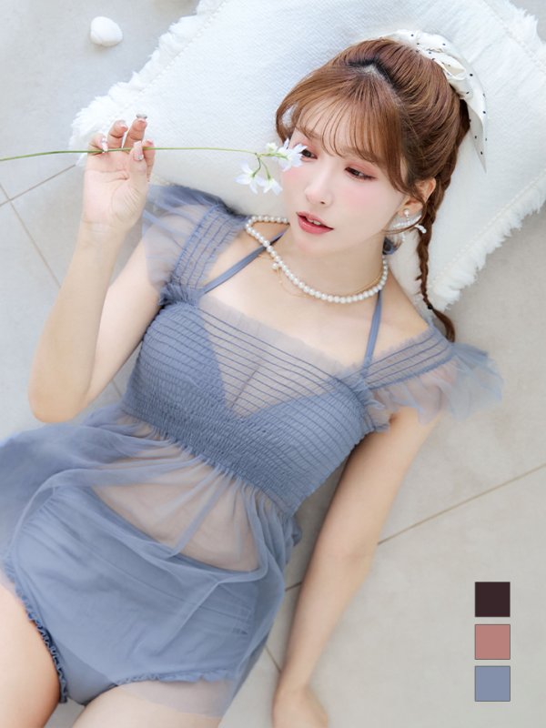 画像5: 【即日発送】【ビキニ】【水着】シアーチュニック付きハイウエストビキニ 3点セット[YMT]