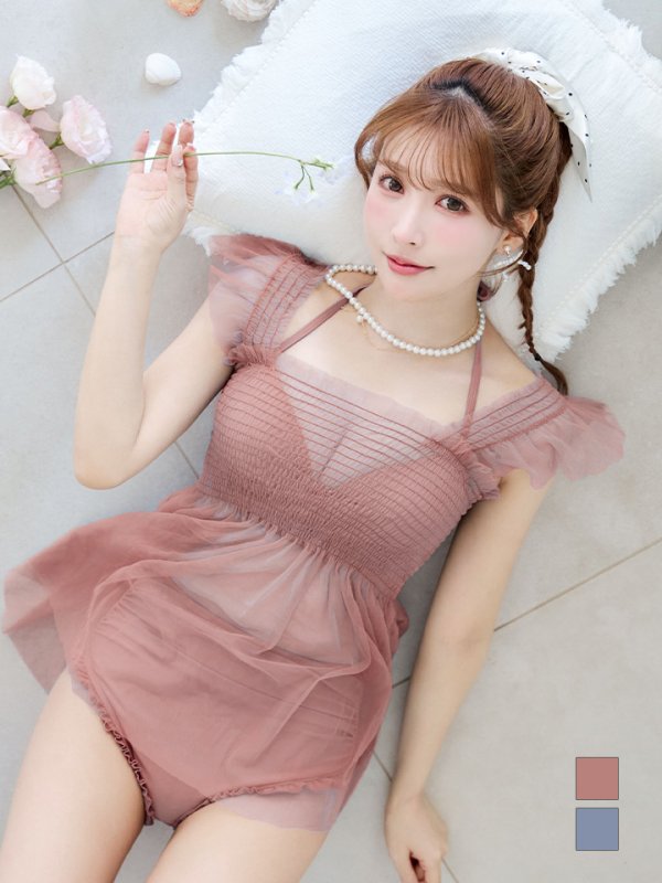 画像1: 【予約商品/7月上旬発送予定】【ビキニ】【水着】シアーチュニック付きハイウエストビキニ 3点セット[YMT]