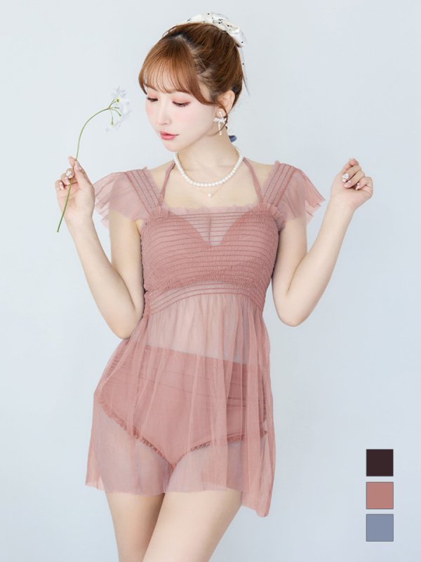 画像3: 【即日発送】【ビキニ】【水着】シアーチュニック付きハイウエストビキニ 3点セット[YMT]