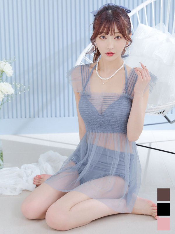 画像18: 【即日発送】【ビキニ】【水着】シアーチュニック付きハイウエストビキニ 3点セット[YMT]