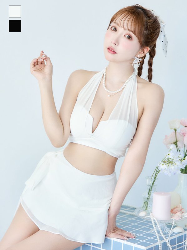 画像1: 【予約商品/7月上旬発送予定】【ビキニ】【水着】シアーホルターネックスカート付きビキニ 3点セット[YMT]