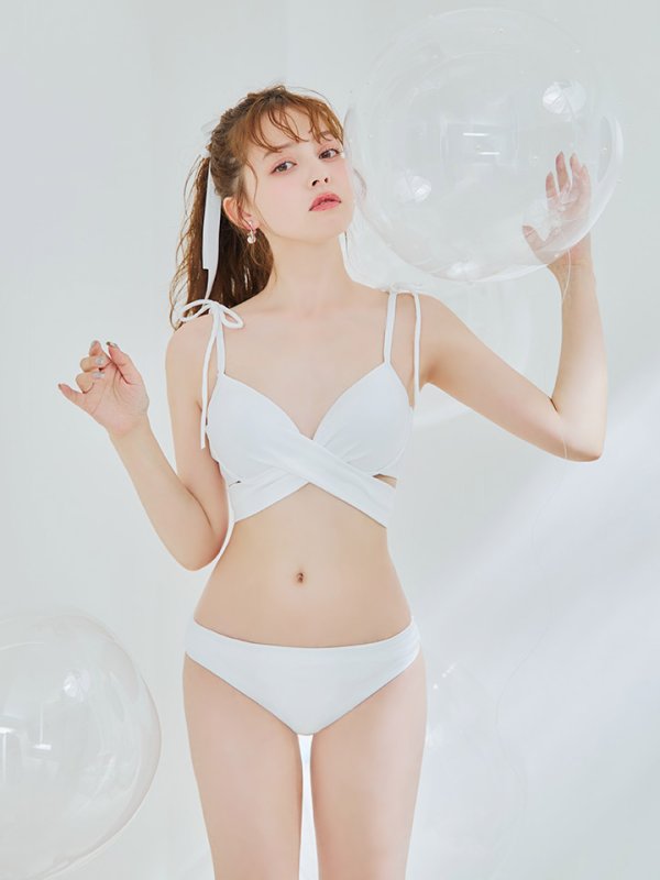画像1: 【ビキニ】【水着】バッククロスリボンワンカラービキニ 2点セット [YMT]