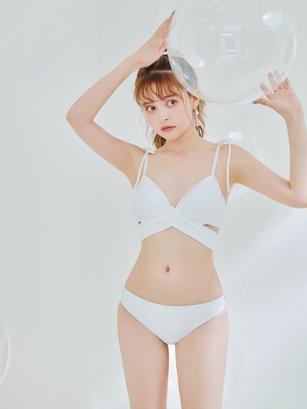 画像2: 【ビキニ】【水着】バッククロスリボンワンカラービキニ 2点セット [YMT]
