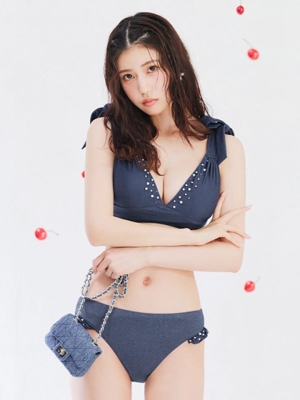 画像1: 【ビキニ】【水着】ショルダーリボンスタッズフリルビキニ 2点セット [YMT]