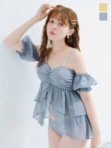 【予約 / 6月下旬発送予定】【ビキニ】【水着】 フリルシフォン×オフショルダー ビキニ 2点セット[YMT]
