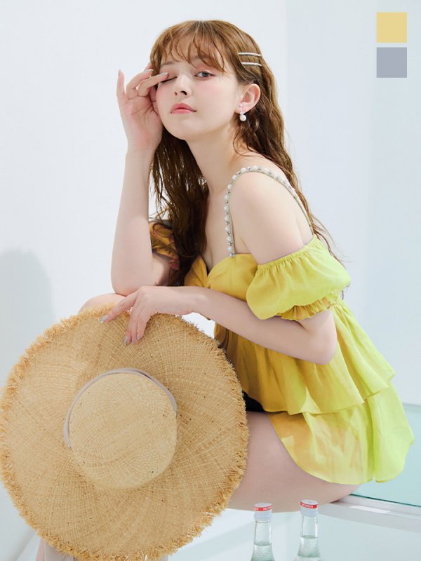 画像2: 【予約 / 6月下旬発送予定】【ビキニ】【水着】 フリルシフォン×オフショルダー ビキニ 2点セット[YMT]