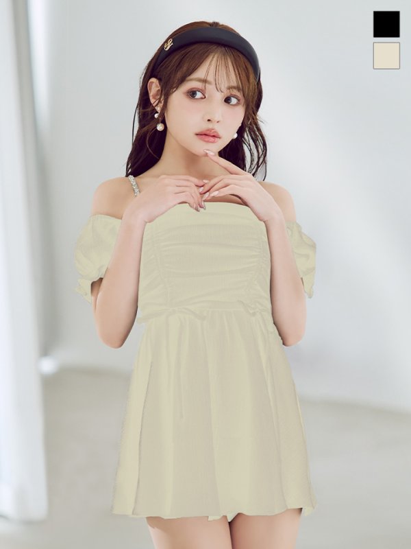 画像1: 【予約 / 6月上旬発送予定】【ビキニ】【水着】ビジューオフショルダーワンピースビキニ2点セット [YMT]