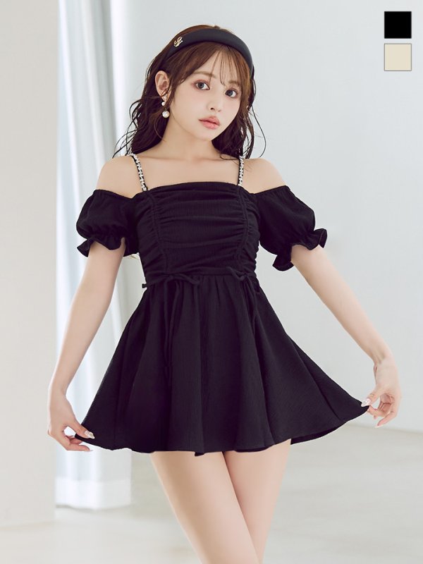 画像4: 【即日発送】【ビキニ】【水着】ビジューオフショルダーワンピースビキニ2点セット [YMT]