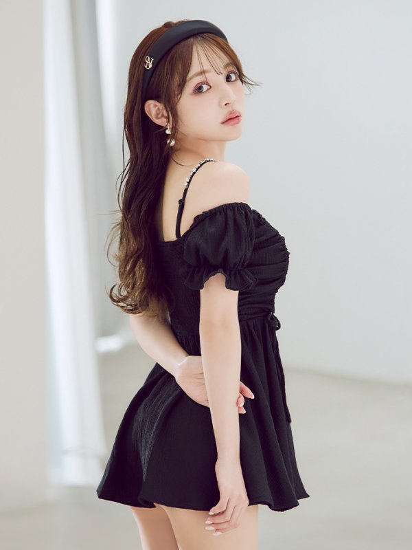 画像2: 【ビキニ】【水着】ビジューオフショルダーワンピースビキニ2点セット [YMT]