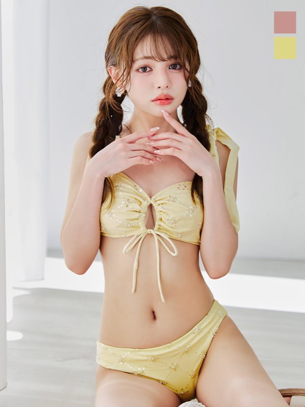 画像1: 【予約 / 6月下旬発送予定】【ビキニ】【水着】 ビジューギャザーフロントリボンビキニ ビキニ 2点セット[YMT]M276dzc