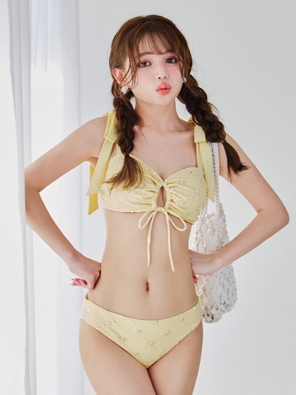 画像14: 【即日発送】【ビキニ】【水着】 ビジューギャザーフロントリボンビキニ 2点セット[YMT]