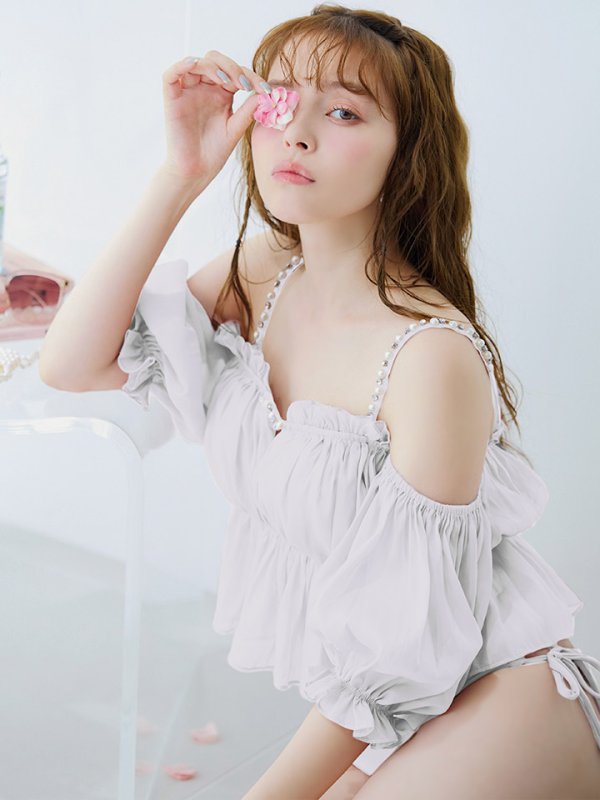 画像1: 【ビキニ】【水着】 パフスリーブフリルビキニ  2点セット[YMT]M282dzp