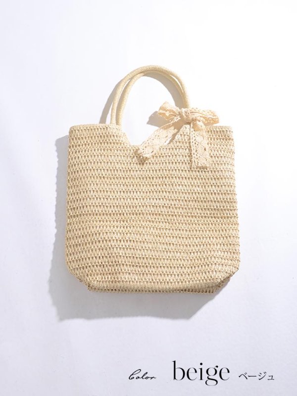 画像3: 【即日発送】【ビキニ】【水着小物：ビーチバッグ】レースリボン付きカゴバッグ【2カラー】[FB01]