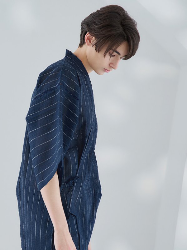 画像10: 【即日発送】【メンズ甚平】ネイビー地に白縞模様甚平 【甚平2点セット 甚平/下駄】[YMT]