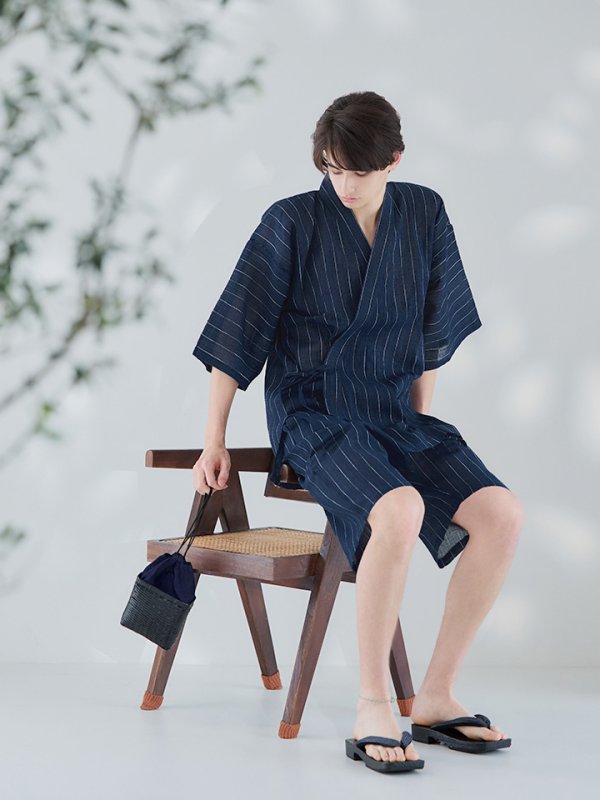 画像11: 【即日発送】【メンズ甚平】ネイビー地に白縞模様甚平 【甚平2点セット 甚平/下駄】[YMT]