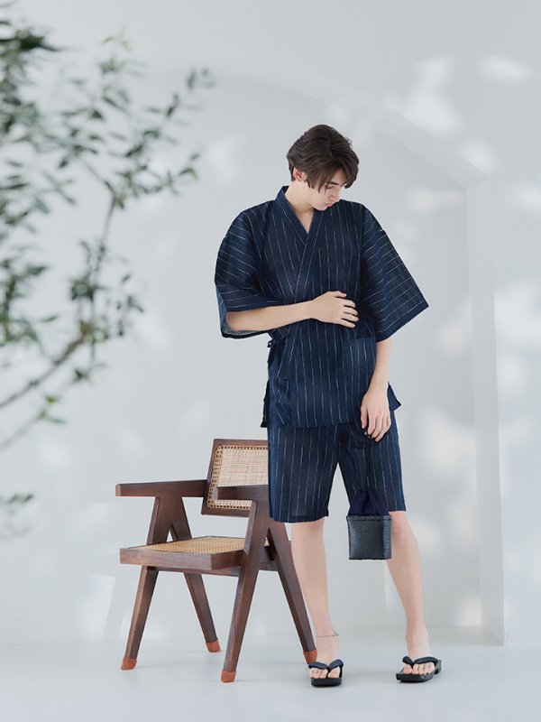 画像14: 【即日発送】【メンズ甚平】ネイビー地に白縞模様甚平 【甚平2点セット 甚平/下駄】[YMT]