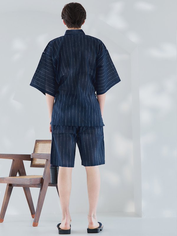 画像5: 【即日発送】【メンズ甚平】ネイビー地に白縞模様甚平 【甚平2点セット 甚平/下駄】[YMT]