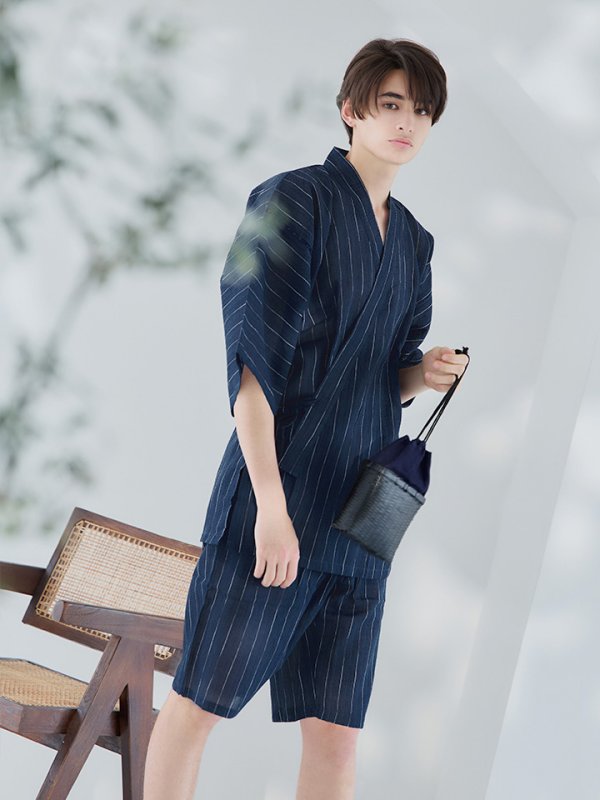 画像6: 【即日発送】【メンズ甚平】ネイビー地に白縞模様甚平 【甚平2点セット 甚平/下駄】[YMT]