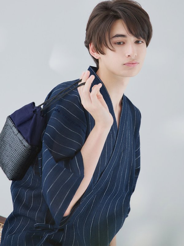 画像7: 【即日発送】【メンズ甚平】ネイビー地に白縞模様甚平 【甚平2点セット 甚平/下駄】[YMT]