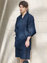 【即日発送】【メンズ甚平】ネイビー地に白縞模様甚平  【甚平・下駄セット】[YMT]