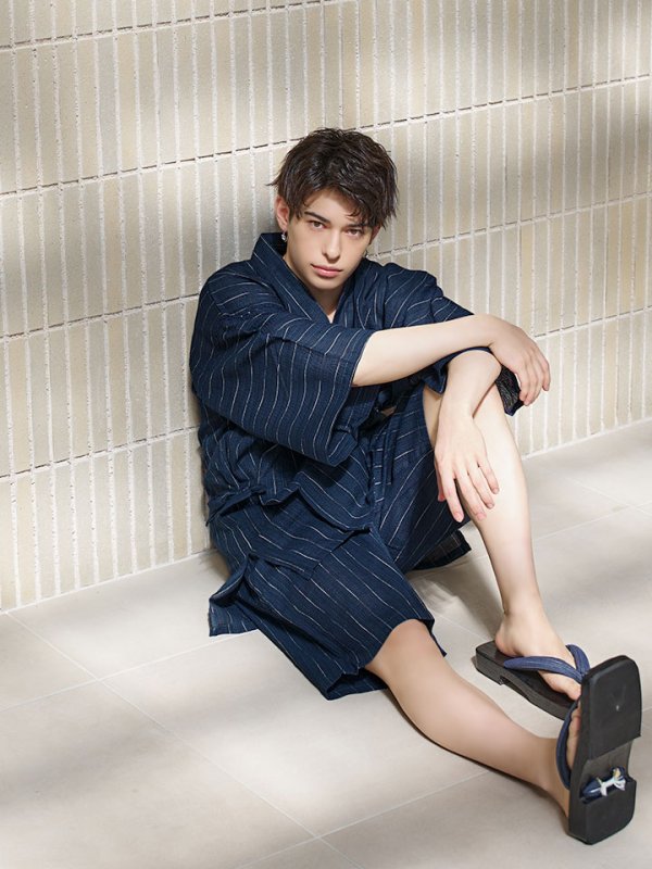 画像11: 【即日発送】【メンズ甚平】ネイビー地に白縞模様甚平 【甚平2点セット 甚平/下駄】[YMT]