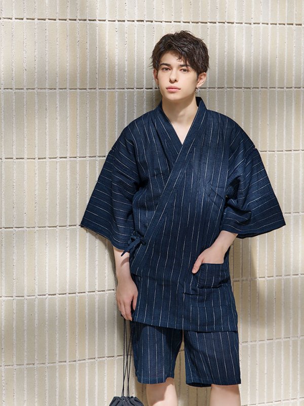 画像14: 【即日発送】【メンズ甚平】ネイビー地に白縞模様甚平 【甚平2点セット 甚平/下駄】[YMT]