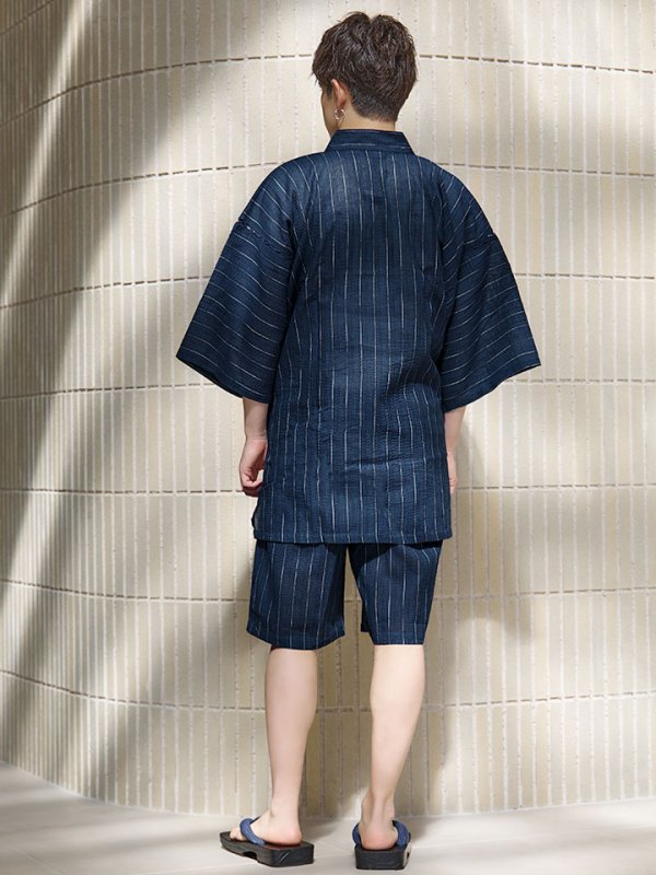 画像16: 【即日発送】【メンズ甚平】ネイビー地に白縞模様甚平 【甚平2点セット 甚平/下駄】[YMT]
