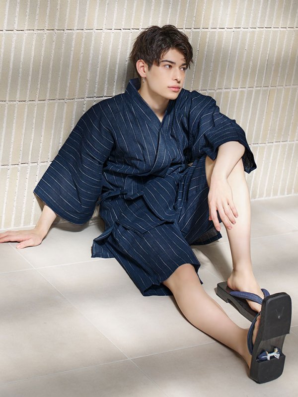 画像3: 【即日発送】【メンズ甚平】ネイビー地に白縞模様甚平 【甚平2点セット 甚平/下駄】[YMT]