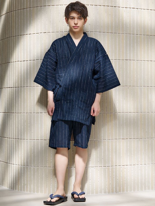 画像4: 【即日発送】【メンズ甚平】ネイビー地に白縞模様甚平 【甚平2点セット 甚平/下駄】[YMT]