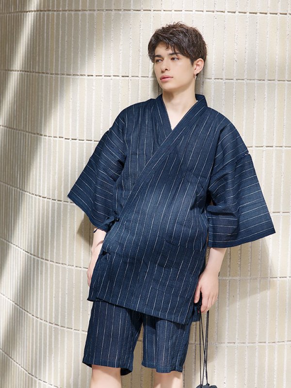 画像5: 【即日発送】【メンズ甚平】ネイビー地に白縞模様甚平 【甚平2点セット 甚平/下駄】[YMT]