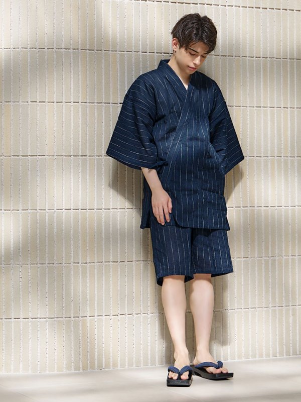 画像8: 【即日発送】【メンズ甚平】ネイビー地に白縞模様甚平 【甚平2点セット 甚平/下駄】[YMT]