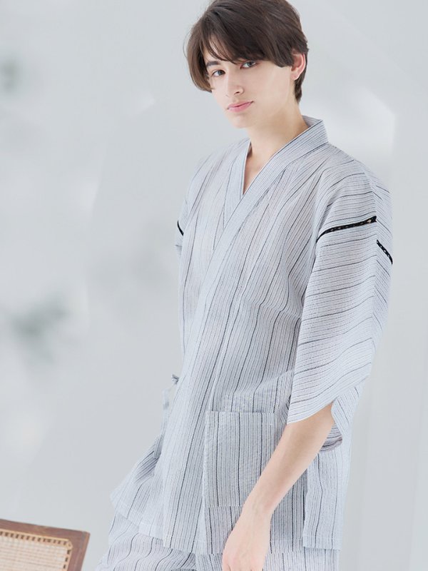 画像9: 【即日発送】【メンズ甚平】白地に黒縞模様甚平【甚平2点セット 甚平/下駄】[YMT]