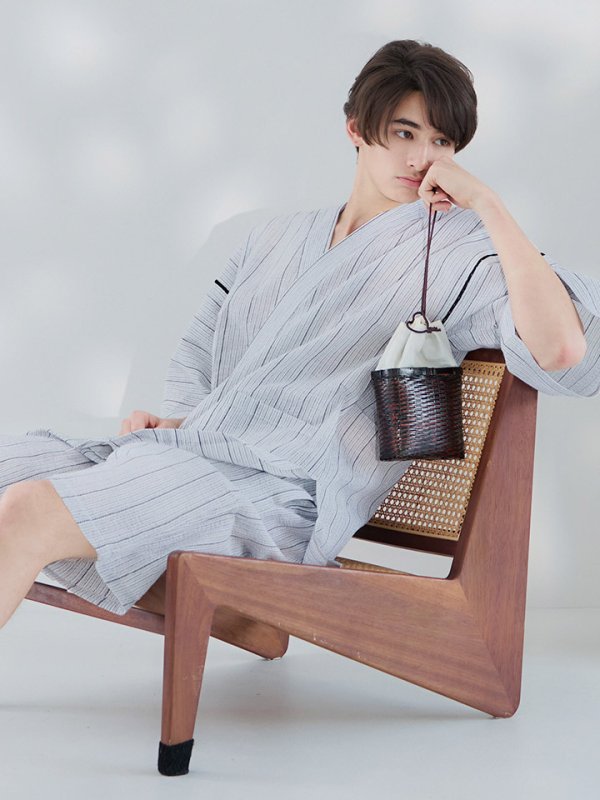 画像11: 【即日発送】【メンズ甚平】白地に黒縞模様甚平【甚平2点セット 甚平/下駄】[YMT]