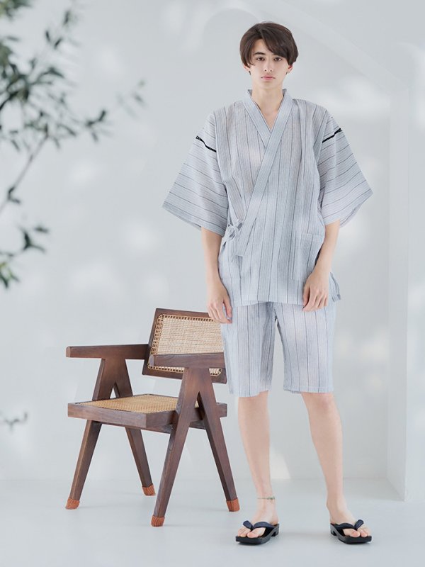 画像12: 【即日発送】【メンズ甚平】白地に黒縞模様甚平【甚平2点セット 甚平/下駄】[YMT]