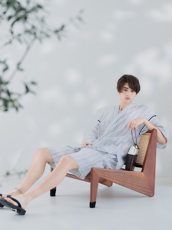 画像7: 【即日発送】【メンズ甚平】白地に黒縞模様甚平【甚平2点セット 甚平/下駄】[YMT]