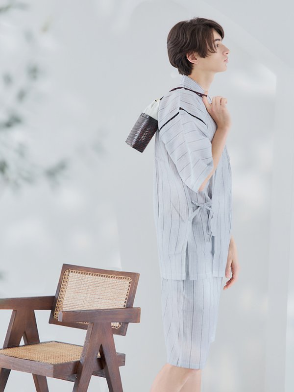 画像8: 【即日発送】【メンズ甚平】白地に黒縞模様甚平【甚平2点セット 甚平/下駄】[YMT]