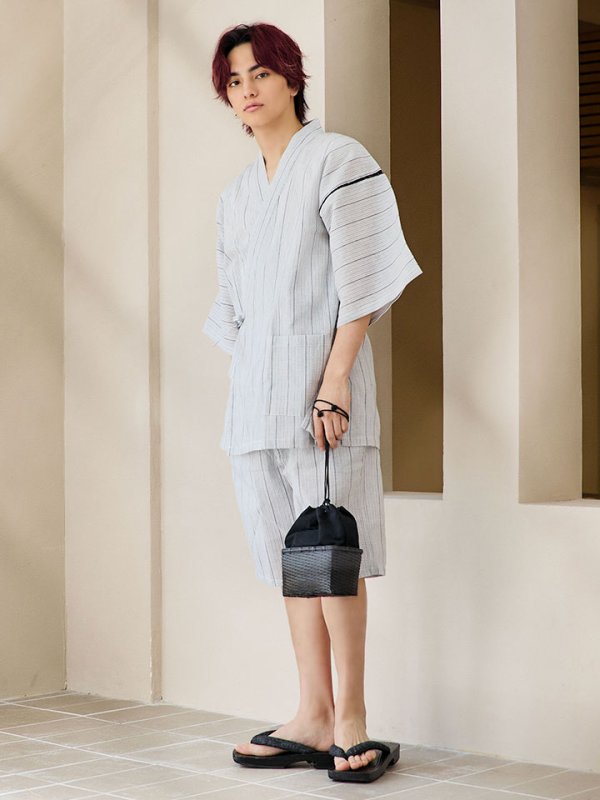 画像14: 【即日発送】【メンズ甚平】白地に黒縞模様甚平【甚平2点セット 甚平/下駄】 [YMT]