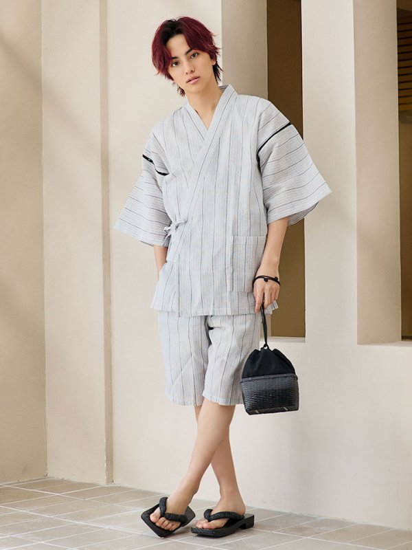 画像4: 【即日発送】【メンズ甚平】白地に黒縞模様甚平【甚平2点セット 甚平/下駄】 [YMT]